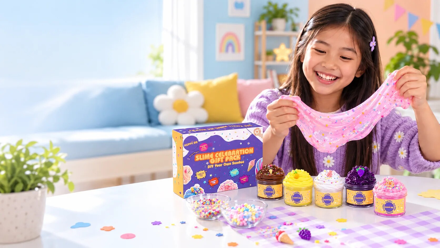 A smiling child enjoying colourful HUPPI BB slime play
