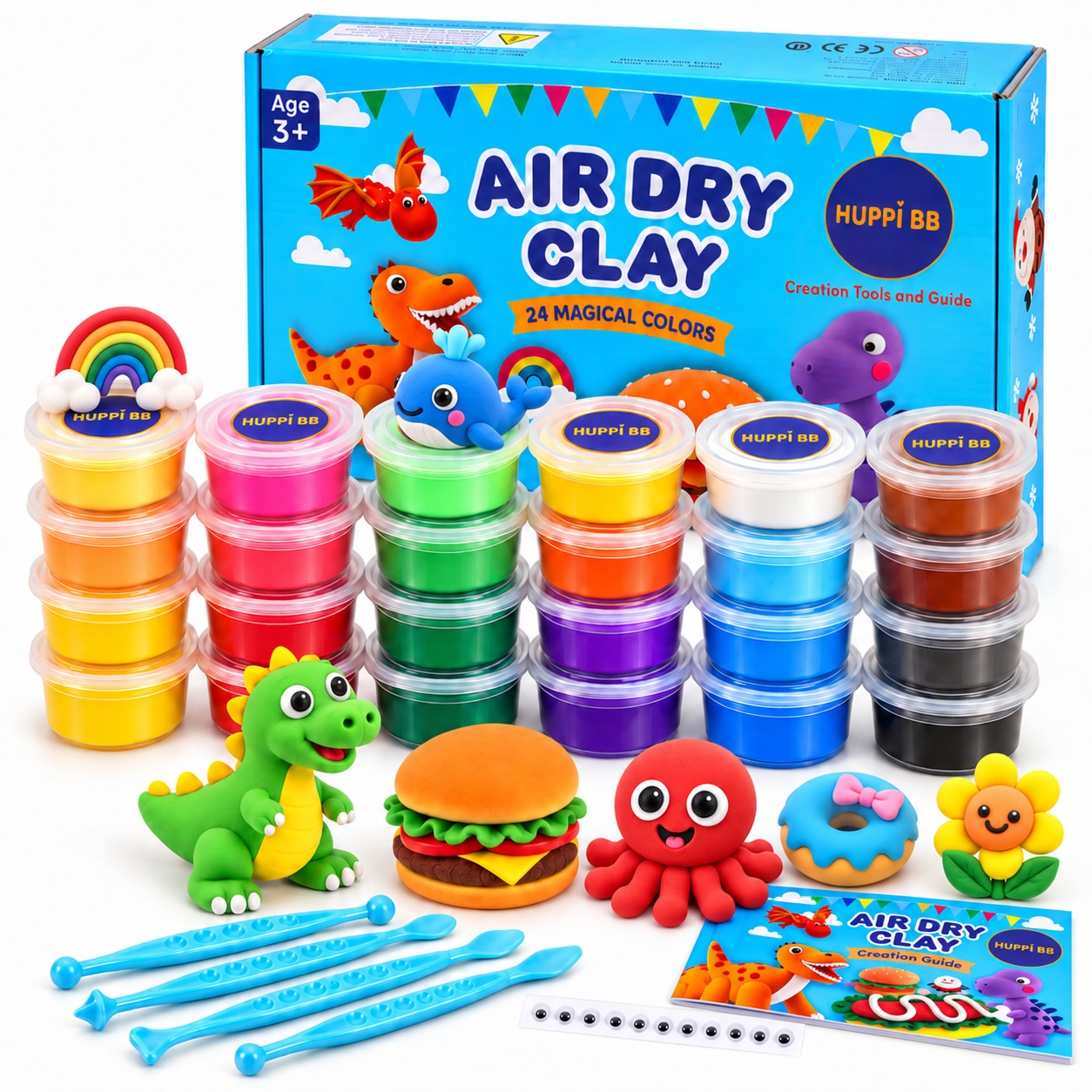 New HUPPI BB 24-colour air dry clay kit with blue box, tools and creative models